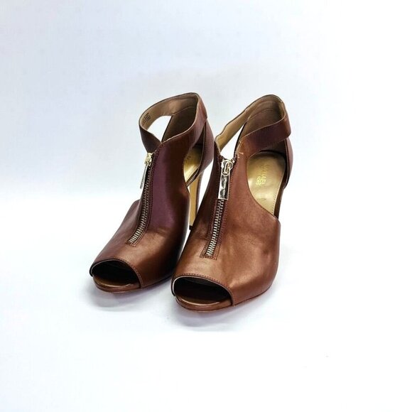 Michael Kors Brown PeepToe Heels Size 8  Zip Front Gold Hardware 4 Inch Heel - Picture 1 of 12